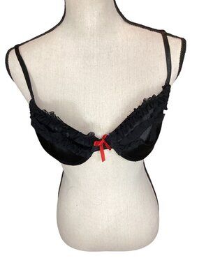 Black Ruffled Underwire Bra With Red Bow Accent*34B*Sissy*Cosplay*Femboy*VGC